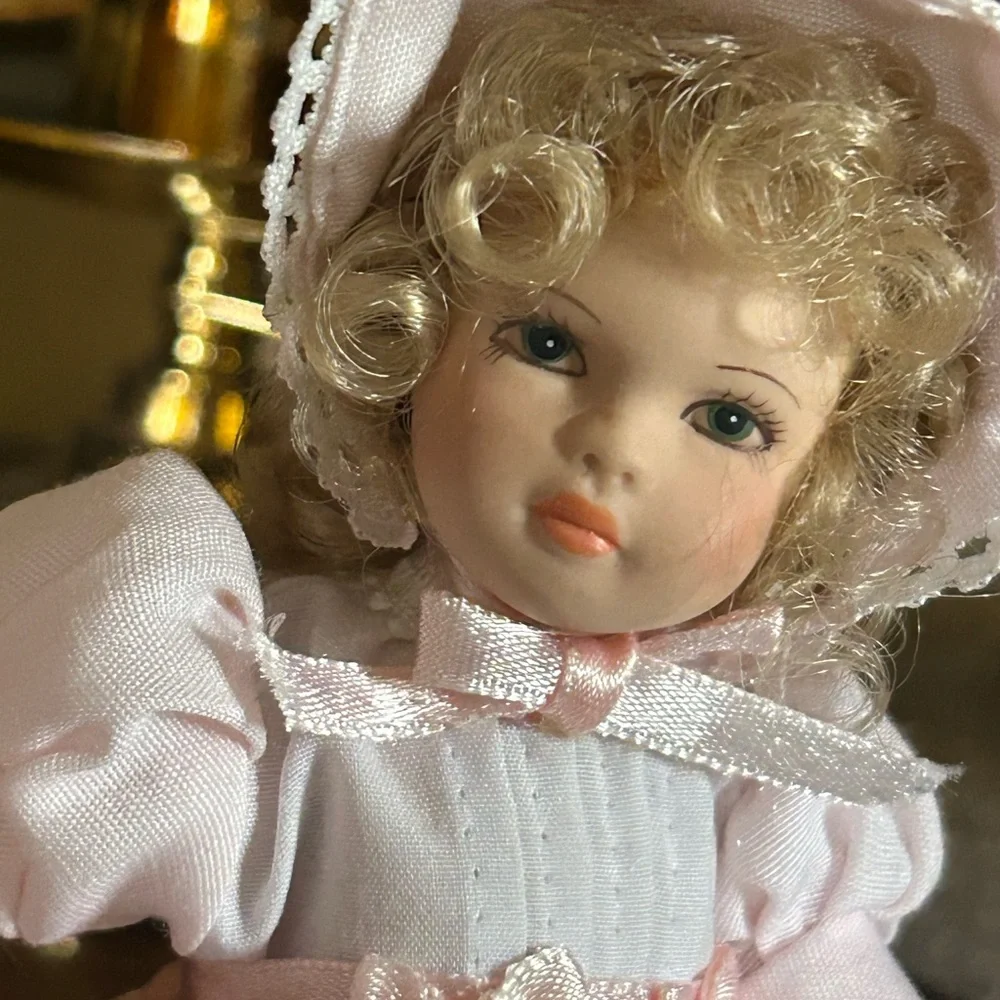 Vintage Porcelain Doll with Pink Dress & Bonnet
